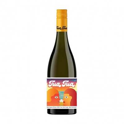 A 750 ml bottle of Tua Tua Sauvignon Blanc with a colorful label featuring abstract faces.