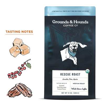 A 12 oz bag of Rescue Roast whole bean coffee with a dog illustration on the packaging.