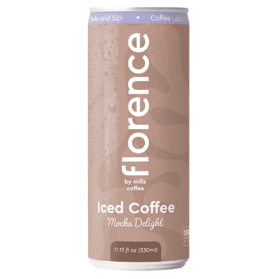 A tall, slim can of Florence by Mills Coffee in mocha color with 'Iced Coffee Mocha Delight' text.