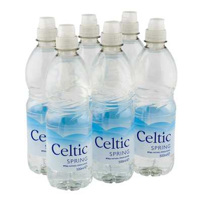 Six clear plastic bottles with blue and white labels reading 'Celtic Spring' and '500ml'.