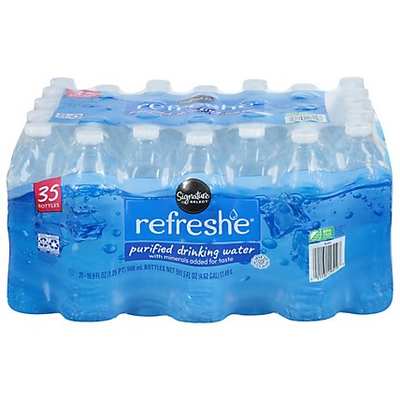 A 35-bottle pack of Signature SELECT refreshe purified drinking water with a blue label.