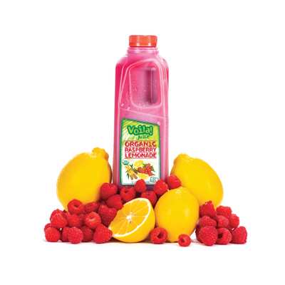 A 16 fl oz bottle of Voila Juices Organic Raspberry Lemonade with a pink label featuring raspberries and lemons.