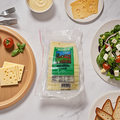 A vacuum-sealed package of sliced California Premium Jalapeno Jack cheese with a green label.