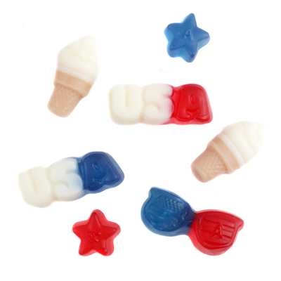 The image shows red, white, and blue gummies shaped like ice cream cones, stars, and the letters 'USA'.