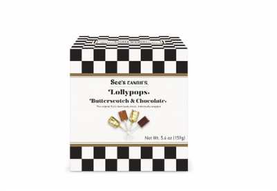 Box of See's Candies Butterscotch & Chocolate Lollypops with a black and white checkered design.