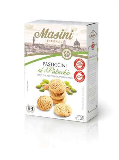 The image shows a box of Masini Pistachio Cookies with a white and green design featuring cookies and pistachios.