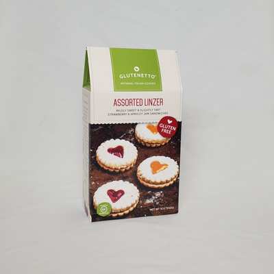 A box of Glutenetto Assorted Linzer cookies with images of heart-shaped jam-filled cookies on the front.