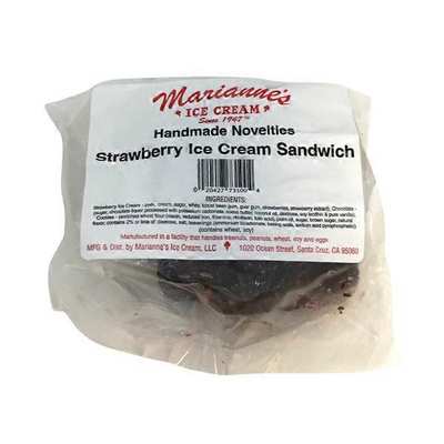 The image shows a packaged ice cream sandwich with a white label displaying 'Marianne's Ice Cream' and 'Strawberry Ice Cream Sandwich'.