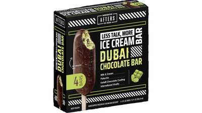 Box of Afters Ice Cream Dubai Chocolate Ice Cream Bars with a picture of the bar and text highlighting flavors.