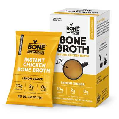 A yellow and white box of Bone Brewhouse Instant Chicken Bone Broth with a packet inside, featuring a cup illustration.