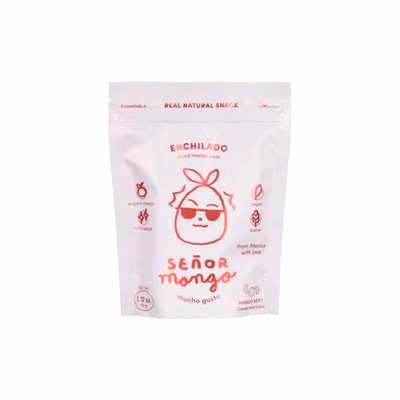 A white resealable pouch with red text and illustrations, labeled 'Señor Mango Enchilado Dried Mango'.