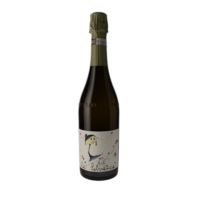 A 375 ml bottle of La Caudrina La Selvatica Asti with a whimsical label featuring a cartoon character and floral elements.