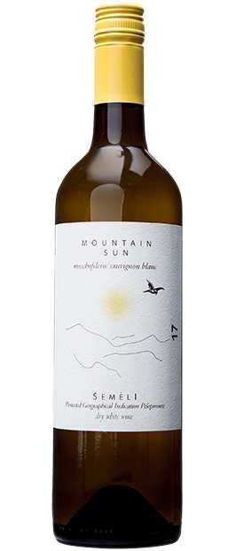 A 750 ml bottle of Semeli Mountain Sun White with a yellow cap and a white label featuring a sun and bird design.