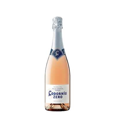 A bottle of Codorníu Zero Sparkling Rose Alcohol Free with a silver foil and blue label.