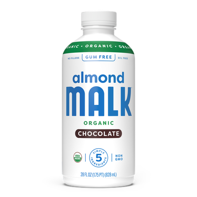 A 28 fl oz bottle of MALK Chocolate Almond Milk with a white and blue label.