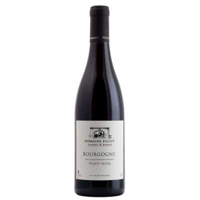 A 750 ml bottle of Domaine Romaine et Laurent Pillot Bourgogne Pinot Noir with a white label and black text.