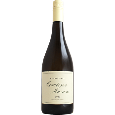 A bottle of Comtesse Marion Chardonnay 2022 with a cream-colored label and cap.