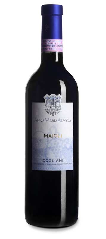 A 750 ml bottle of Anna Maria Abbona Dogliani Maioli with a blue foil and label.
