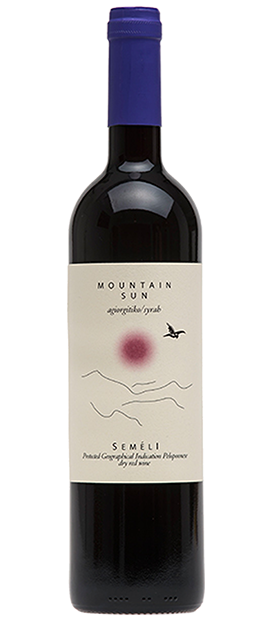 A 750 ml bottle of Semeli Agiorgitiko Mountain Sun Dry Red Regional Wine with a blue cap and a label featuring a sun and bird illustration.