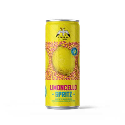 A tall yellow can with images of lemons and the label 'Ventura Spirits Limoncello Spritz'.