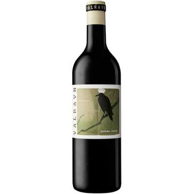 A bottle of Valravn Old Vine Zinfandel with a green label featuring a bird illustration.